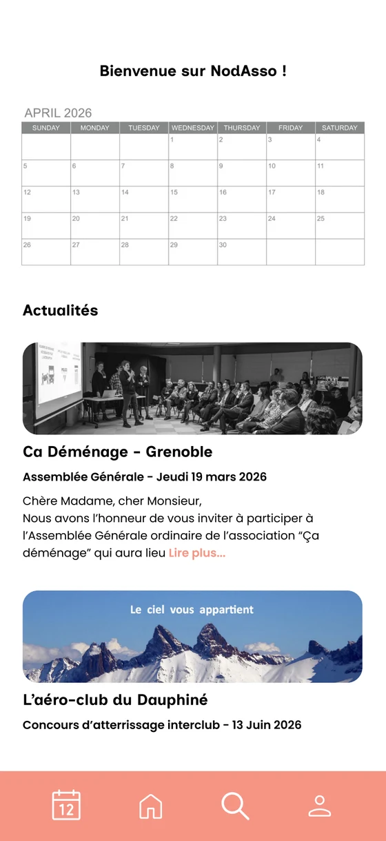 Écran d'accueil de NodAsso : agenda et fil d'actualités des associations suivies